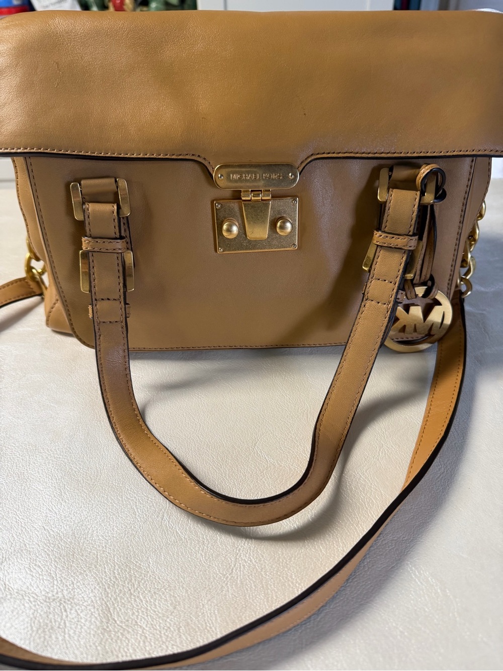 Michael Kors Camel Leather Satchel with Gold Hardware